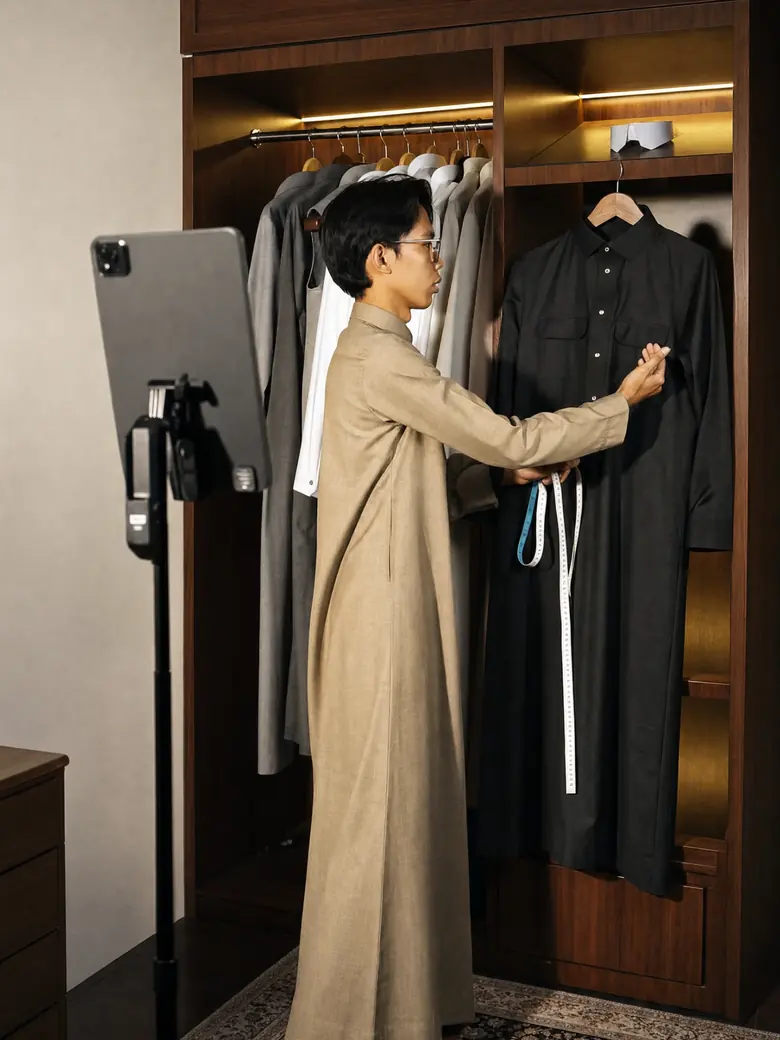 Style Advisor Tarda menyiapkan thobe di lemari, meteran di tangan, tablet untuk video call
